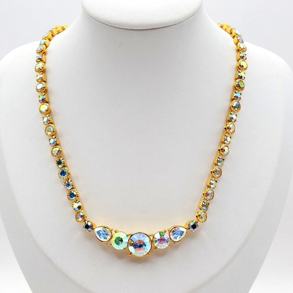 Gold Crystal Necklace Rainbow AB Rhinestone Vintage Statement Collar Iridescent